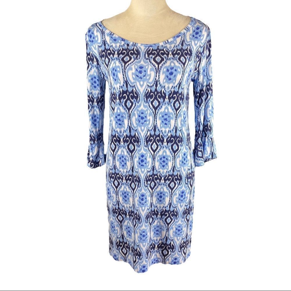 ‎Tori Richard Blue And White 3/4 Length Sleeves Dress, Size S